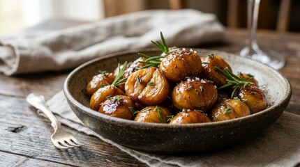 Fototapeta premium Golden brown roasted potatoes garnished with fresh rosemary on a rustic table.
