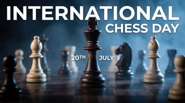 Dramatic close up shot of black king piece surrounded by dark atmosphere for International Chess Day