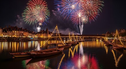 Fototapeta premium Night fireworks over illuminated bridge.
