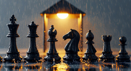 Black chess pieces standing in a row during rain. Water droplets splash on wet figures against a warm light. Resilience and strategy concept, ideal for business leadership and competition ads.