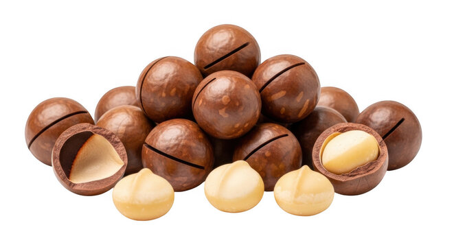 Pile of whole and cracked macadamia nuts with creamy kernels during studio lighting isolated on transparent background