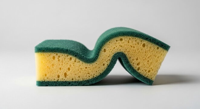 Close-up macro view of a green and yellow kitchen sponge bent in a curve showing its layered texture.