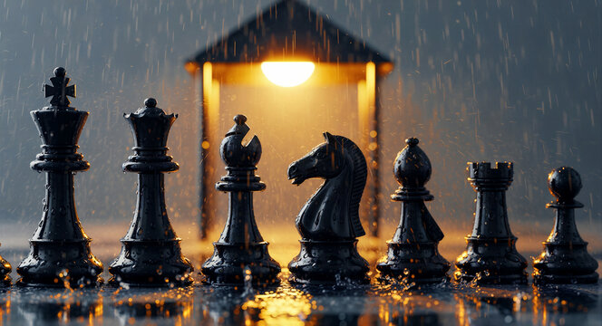 Black chess pieces standing in a row during rain. Water droplets splash on wet figures against a warm light. Resilience and strategy concept, ideal for business leadership and competition ads.