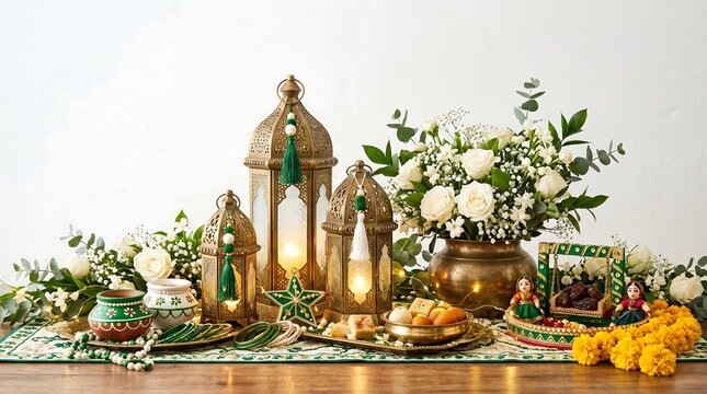 Eid Mubarak, Ramadan decorations, lanterns, flowers, traditional food, table setting
