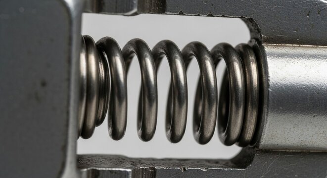 Detailed macro shot of a metal compression spring undergoing mechanical stress, showcasing its coiled structure and resilience.