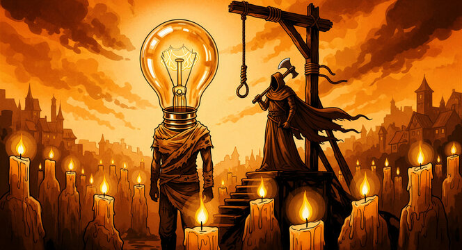 Surreal illustration of a lightbulb-headed figure facing an executioner on a gallows. Glowing candles surround the scene in a medieval setting with warm tones. Symbolizes the death of ideas.
