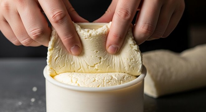 Hands gently pressing fresh homemade cheese curds into a mold for artisanal preparation
