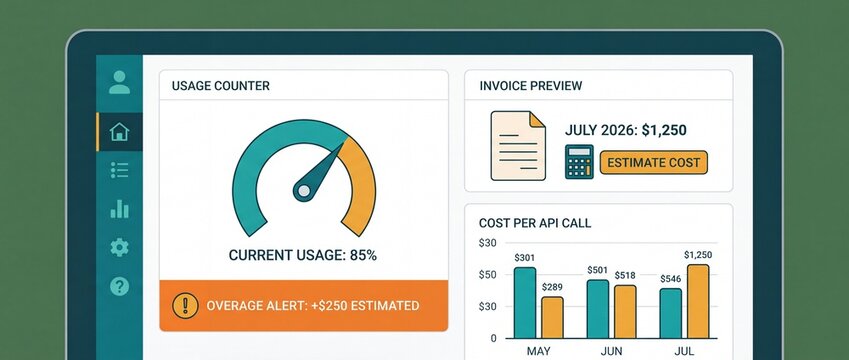 Cloud Software Metered Billing Dashboard Interface Showing Real-Time API Usage Counters and Cost Tracking