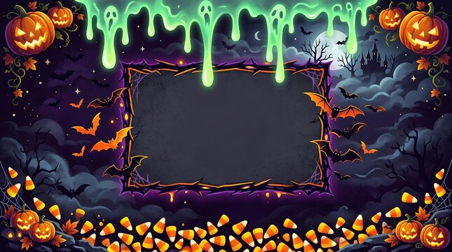 Spooky halloween party invitation banner with glowing green slime drip and jack o lantern pumpkins featuring a dark haunted forest background and flying bats for festive holiday event graphic design