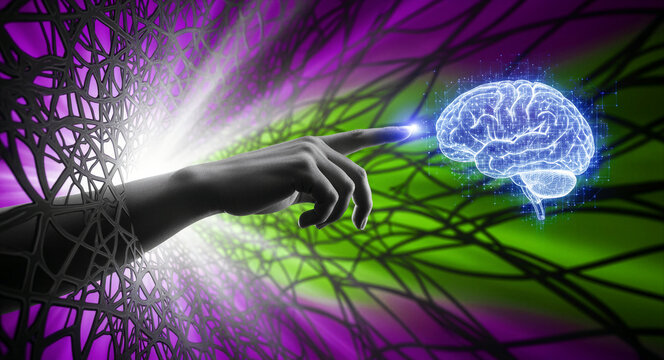 Hand reaching for digital brain interface. AI and neural connection concept. Useful for tech and cognitive science marketing.