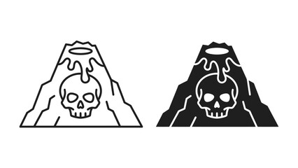 Volcano Skull Icon Set: A striking graphic representation of a volcano erupting with lava, featuring a skull motif within its fiery core, presented in both outline and silhouette styles. © Fara