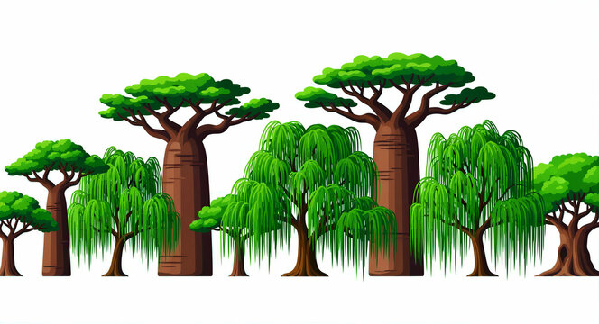 Collection of diverse stylized trees including baobabs and willows on a white background. Vibrant green foliage and brown trunks in a flat vector illustration style. Nature landscape element.
