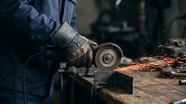 Industrial metal worker using an electric angle grinder to cut steel on a wooden workbench in a workshop with bright orange sparks flying around