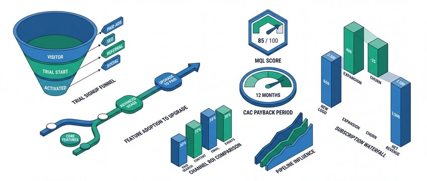 Detailed Vector Illustration of a B2B Sales and Revenue Attribution Funnel Displaying Lead Generation Stages