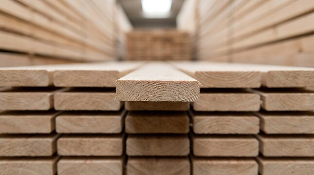 Stack of new pine wooden planks in a warehouse setting, close-up view of raw lumber boards texture and grain patterns for construction industry