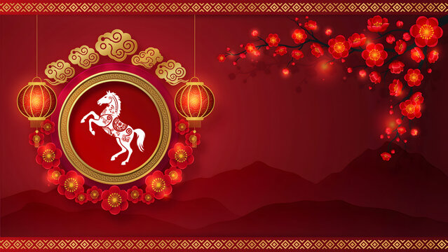 Lunar new year greeting card featuring a red circular frame with a white horse zodiac symbol, hanging lanterns, and blooming plum blossoms
