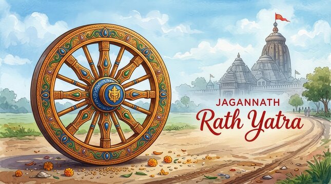 Happy Jagannath Ratha Yatra banner with a large decorative chariot wheel and temple silhouette under clear sky