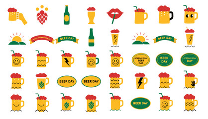 Fototapeta premium International Beer Day Flat Icon Set, Glasses, Bottles and Hop Symbols