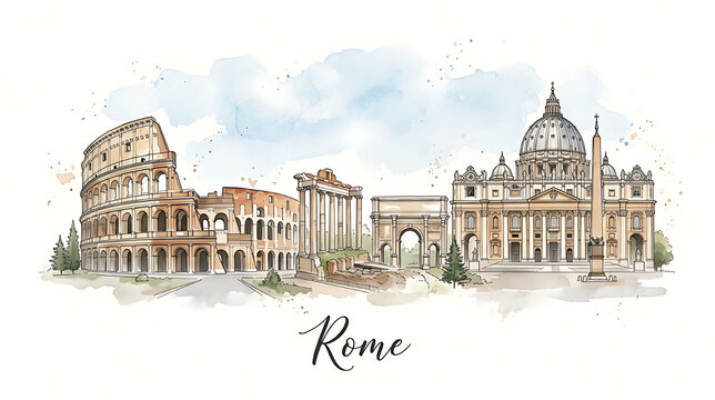 Artistic watercolor illustration capturing iconic historical architecture of Rome showcasing the colosseum and st. peter's