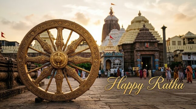 Happy Ratha Yatra card template featuring massive detailed stone chariot wheel near ancient Indian temple structures