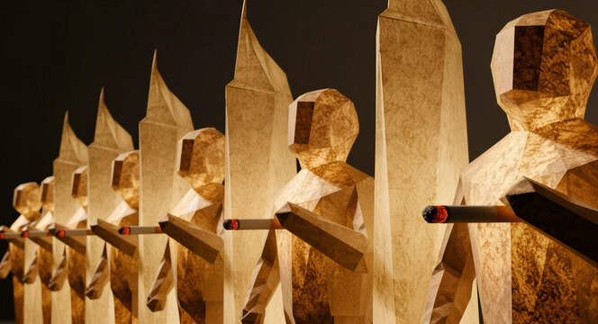 Row of paper human figures holding lit cigarettes in a line. Low-poly origami models symbolizing smoking addiction and social peer pressure. Health risk concept for medical awareness campaigns.