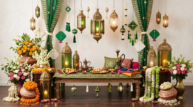 Indian wedding decor, traditional Hindu celebration setup, green and gold lanterns, floral arrangements, festive table