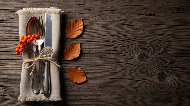 Silverware wrapped in a linen napkin sits beside scattered autumn leaves on a dark rustic wooden table.