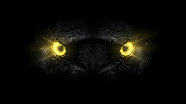 A close-up of a mysterious creature with glowing yellow eyes in the dark