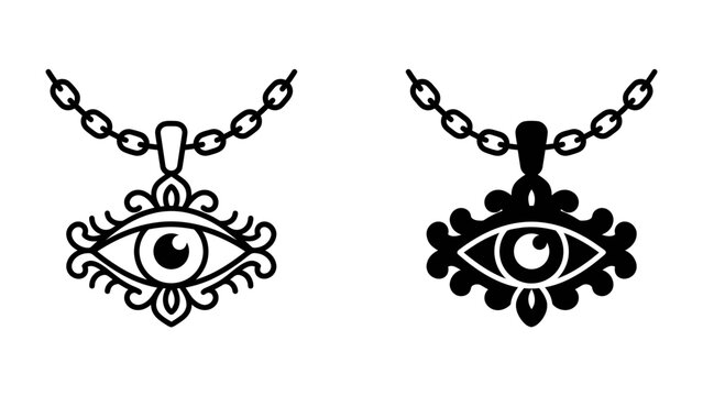 Evil Eye Necklace: A stylized evil eye amulet pendant with a intricate decorative border hangs from a delicate silver chain, symbolizing protection and mystical power.