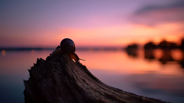 A serene video of a snail on a log by the ocean at sunset