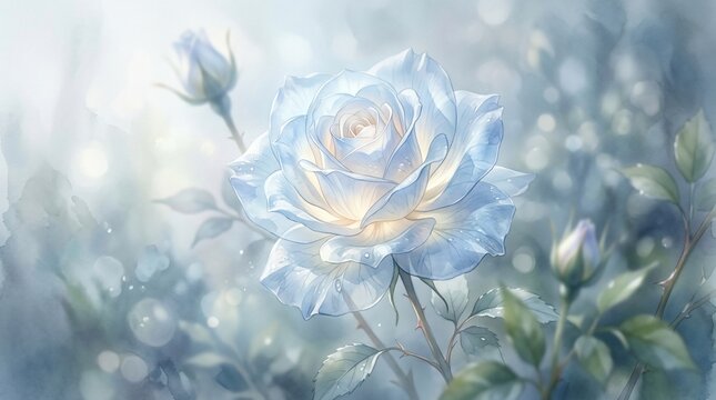 Beautiful blue rose flower with soft watercolor background