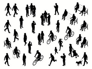 CAD compatible isometric human silhouettes for design. Diverse figures depict urban activities, perfect for architectural visualization and realistic planning assets © Tom