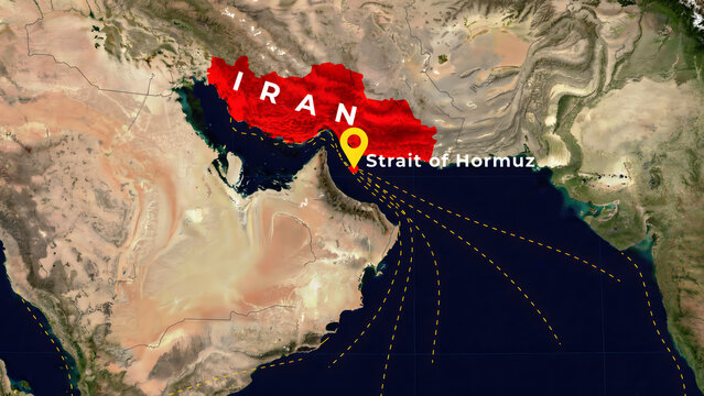Satellite map view highlighting the country of iran in red with a yellow location pin marking the strategic strait of hormuz shipping route