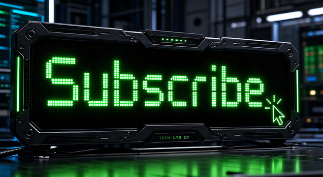 A glowing green neon sign with a mouse cursor hovers over a button to subscribe by clicking.