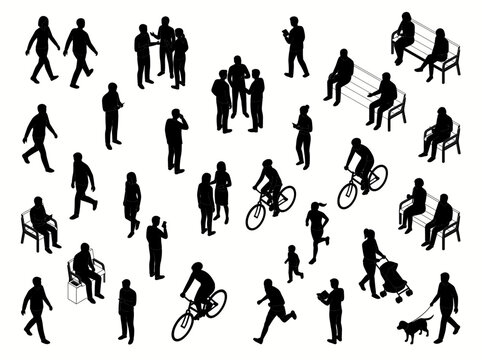 CAD compatible isometric human silhouettes for design. Diverse figures depict urban activities, perfect for architectural visualization and realistic planning assets