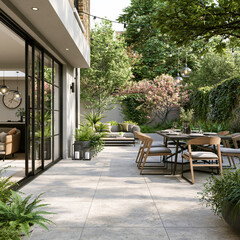 Contemporary patio garden with large stone tiles, outdoor dining set, surrounding greenery, seamless indoor-outdoor living concept