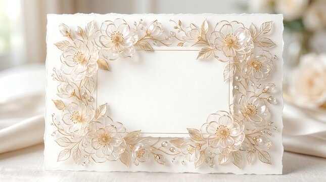 Elegant white floral picture frame decorated with crystal flowers and pearls crystals decoration template ornamental background celebration invitation romantic sophisticated glittering