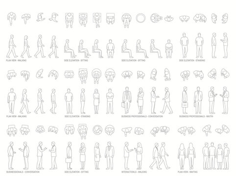 A comprehensive CAD collection of human figures for architectural and urban planning projects, depicting various poses, perspectives, and activities for scale and design context