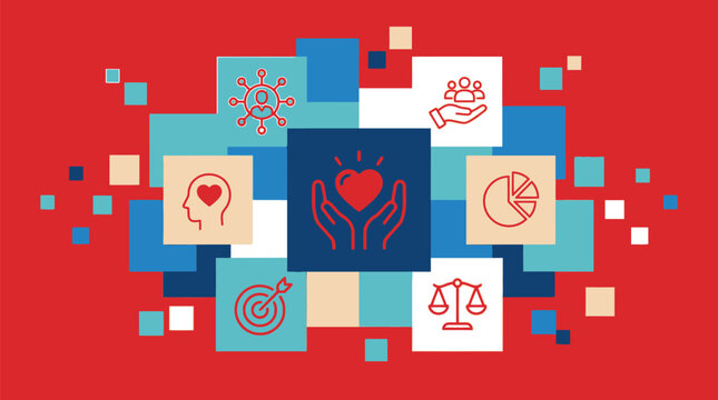 Colorful flat design icons representing corporate social responsibility values arranged on a vibrant red background surface