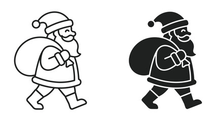 Fototapeta premium Santa Claus Icon: A simple, stylized icon of Santa Claus walking with a sack over his shoulder, presented in both outline and silhouette form.