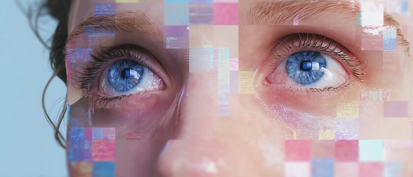Digital eyes with vibrant pixel art patterns.