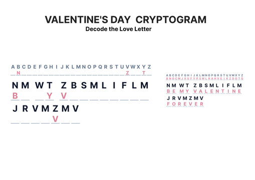 Valentine's Day cryptogram puzzle featuring a coded love letter and its hidden message for decoding romance and affection.  