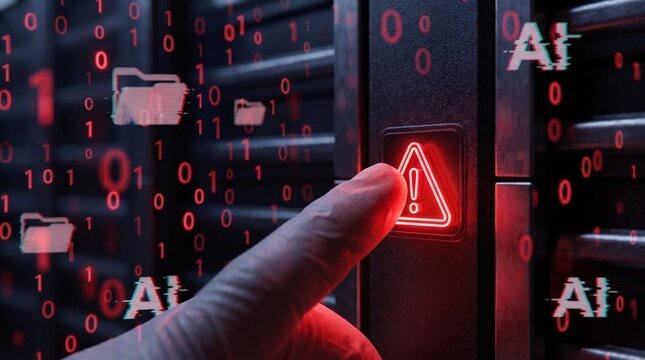 IT technician pressing emergency red button on server rack in data center. System failure alert and cybersecurity shutdown concept.