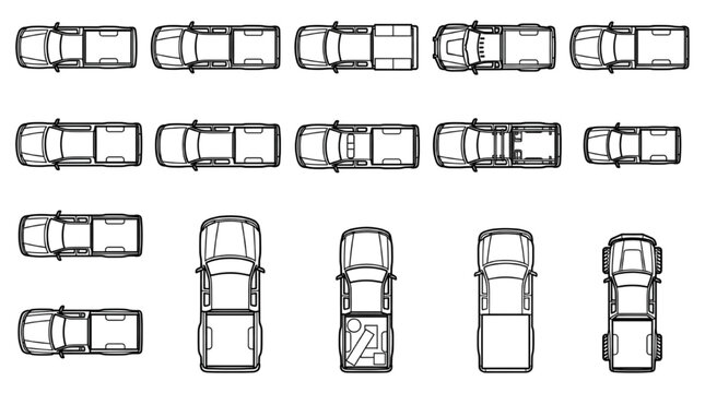Pickup Truck Top View CAD Blocks - Extended Cab Bed Cover Camper Elevation Symbols
