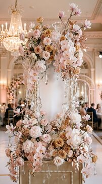 Grand floral centerpiece with blush roses and gold foliage in luxurious wedding ballroom centerpiece ballroom reception arrangement chandelier sophisticated botanical celebration interior