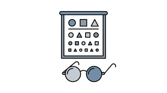 Eye chart with geometric shapes and reading glasses illustrate the process of an optometry vision test.