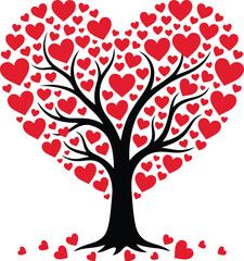 Fototapeta premium Artistic black tree illustration featuring vibrant red heart leaves arranged in a large heart shape