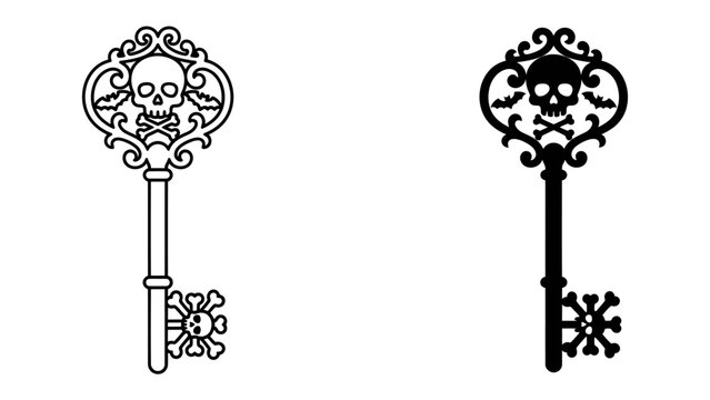 Gothic Skeleton Key Duo: A decorative ornate skeleton key featuring a skull motif, presented in both a detailed line drawing and a solid silhouette.