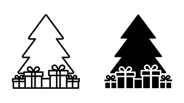 Christmas Tree and Gift Icon Set: A duo of stylized Christmas trees, one outlined and one solid black, are presented alongside a collection of festive gift boxes, perfect for holiday design elements.
