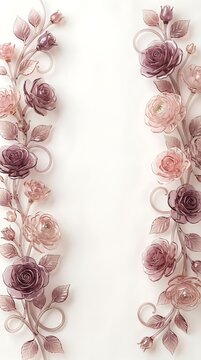 Set of two decorative vertical borders made of pink and purple crystal roses with vertical decoration ornamental shimmering composition sculpture botanical romantic invitation isolated